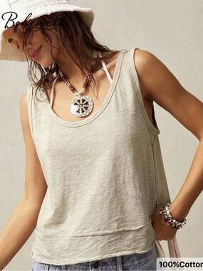 Bohemela Light Beige Cotton Tank Top - Sleeveless Casual Scoop Neck